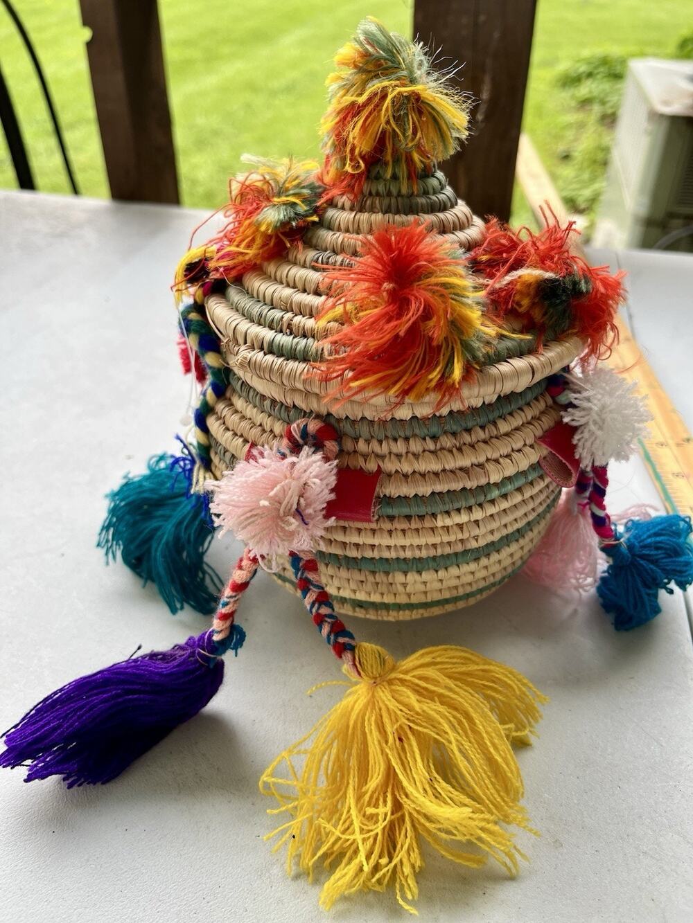 Moroccan handmade straw Lidded Baker pom poms, Boho Folk Art Raffia box